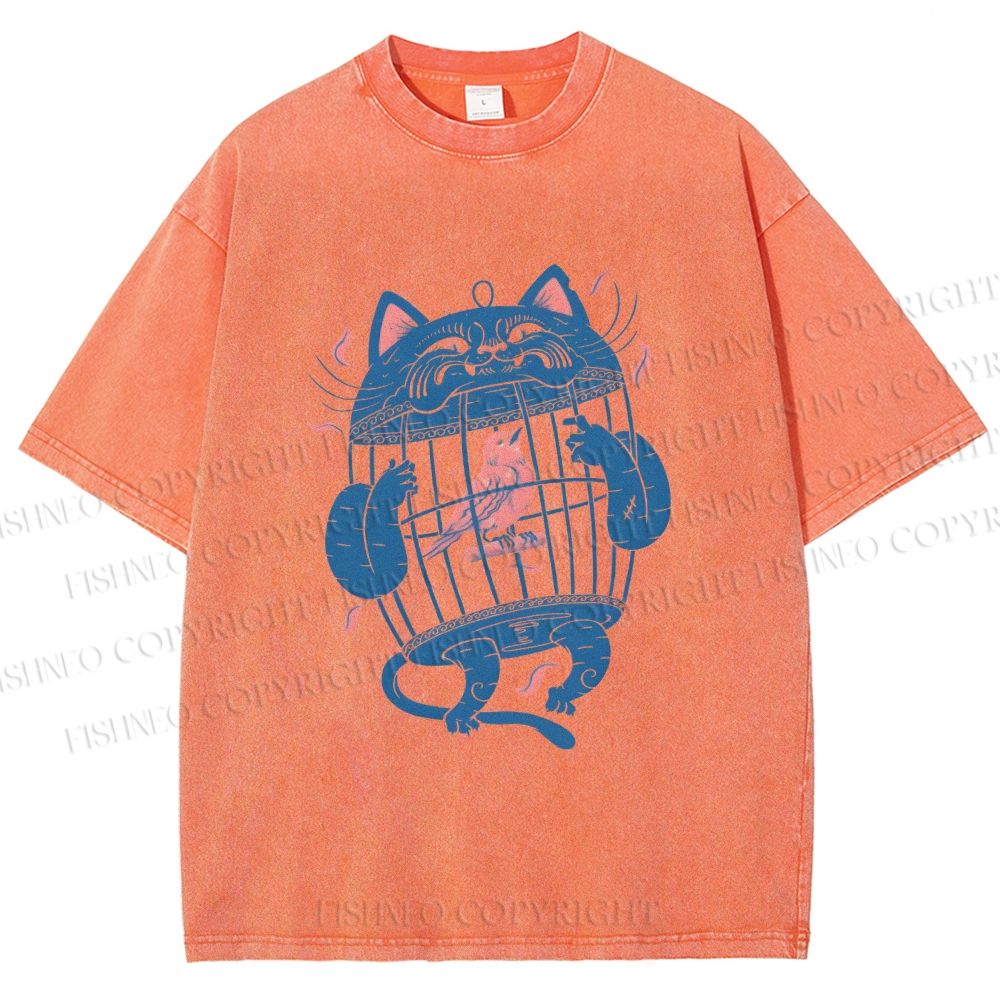 Unisex Bird In Cat Cage Printed Washed Tee