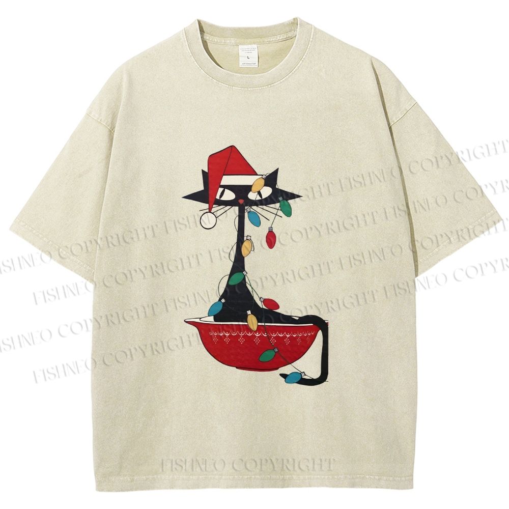 Unisex Black Cat Tangled In Christmas Lights Printed Washed Tee