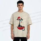 Unisex Black Cat Tangled In Christmas Lights Printed Washed Tee