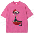 Unisex Black Cat Tangled In Christmas Lights Printed Washed Tee