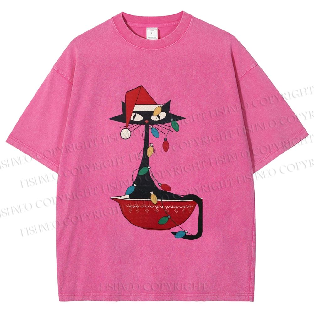 Unisex Black Cat Tangled In Christmas Lights Printed Washed Tee