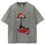 Unisex Black Cat Tangled In Christmas Lights Printed Washed Tee