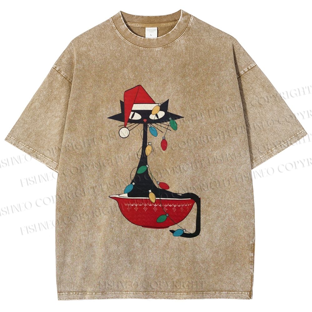 Unisex Black Cat Tangled In Christmas Lights Printed Washed Tee