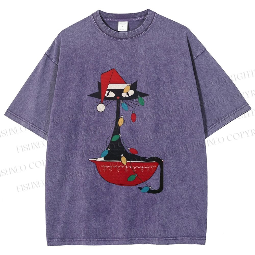 Unisex Black Cat Tangled In Christmas Lights Printed Washed Tee