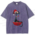 Unisex Black Cat Tangled In Christmas Lights Printed Washed Tee