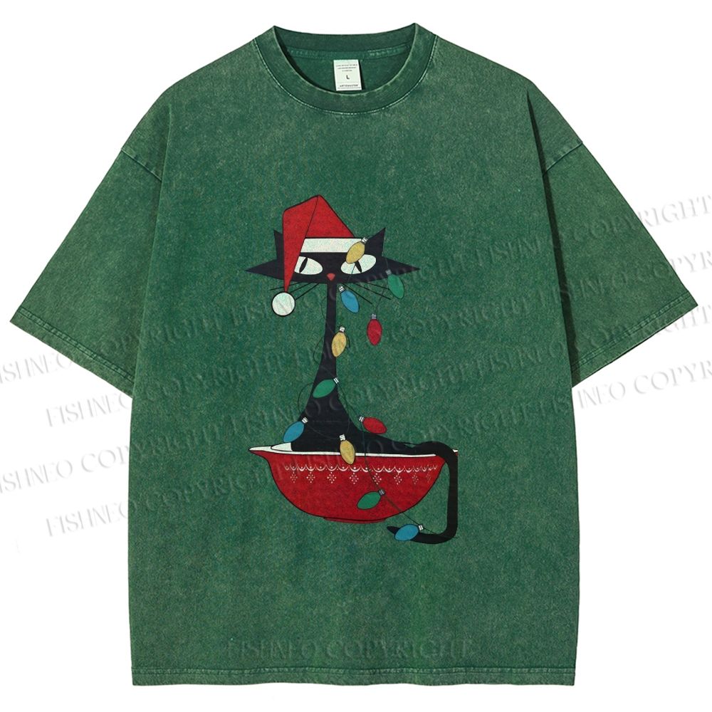 Unisex Black Cat Tangled In Christmas Lights Printed Washed Tee