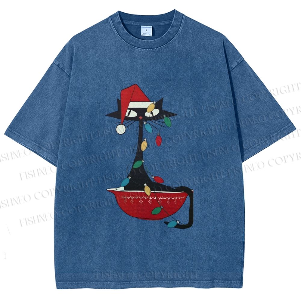 Unisex Black Cat Tangled In Christmas Lights Printed Washed Tee
