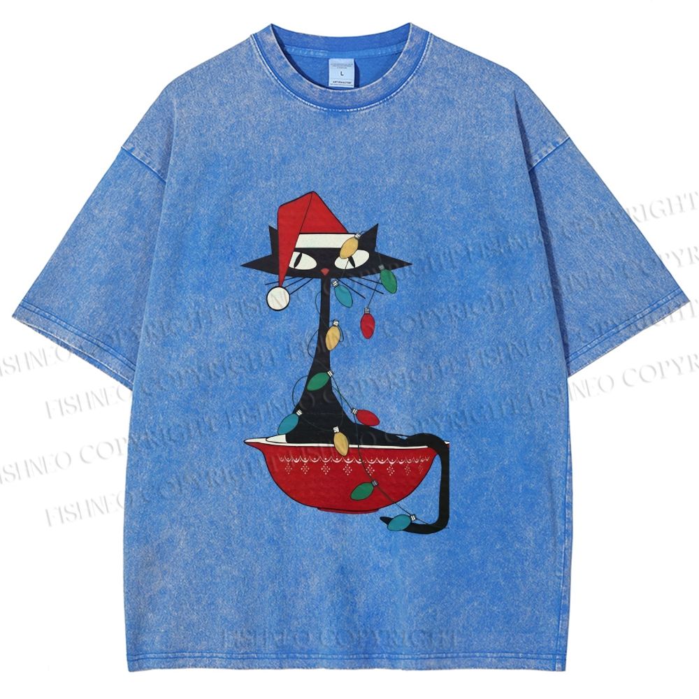 Unisex Black Cat Tangled In Christmas Lights Printed Washed Tee