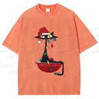 Unisex Black Cat Tangled In Christmas Lights Printed Washed Tee