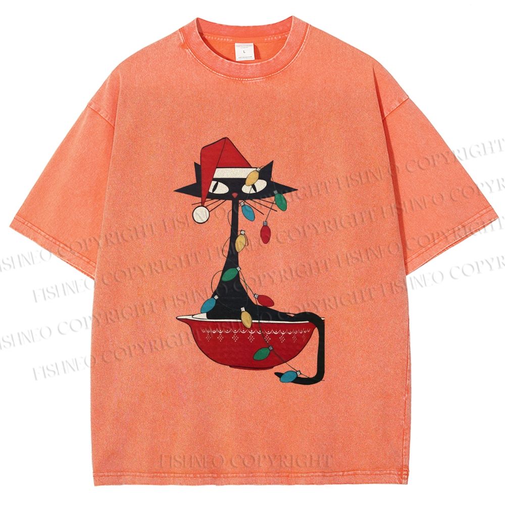 Unisex Black Cat Tangled In Christmas Lights Printed Washed Tee