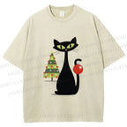 Unisex Black Cat In Christmas Printed Washed Tee