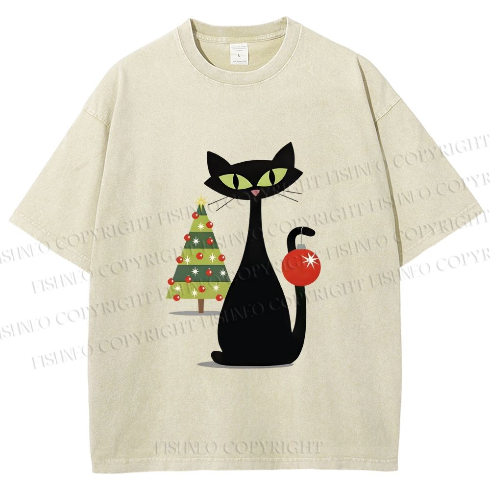 Unisex Black Cat In Christmas Printed Washed Tee
