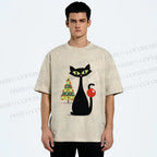 Unisex Black Cat In Christmas Printed Washed Tee