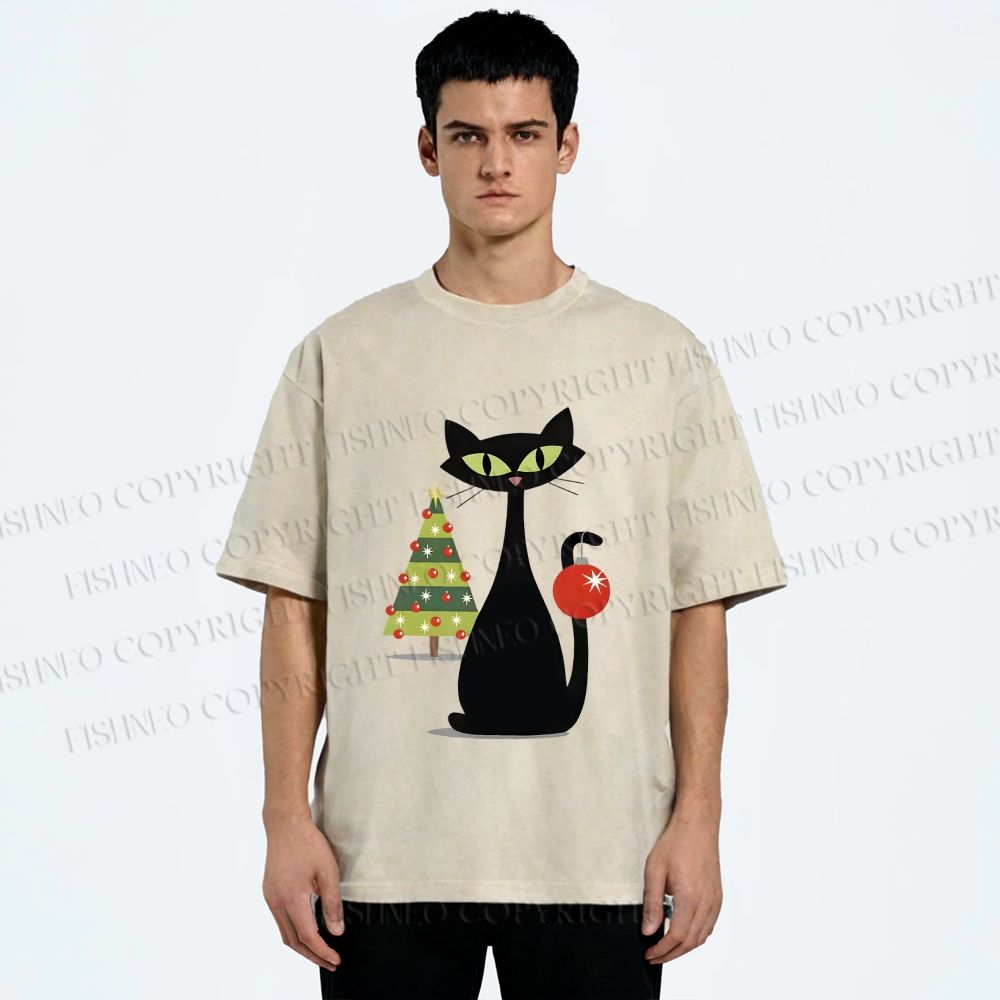 Unisex Black Cat In Christmas Printed Washed Tee