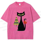 Unisex Black Cat In Christmas Printed Washed Tee