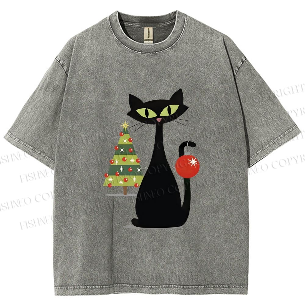 Unisex Black Cat In Christmas Printed Washed Tee