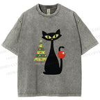 Unisex Black Cat In Christmas Printed Washed Tee