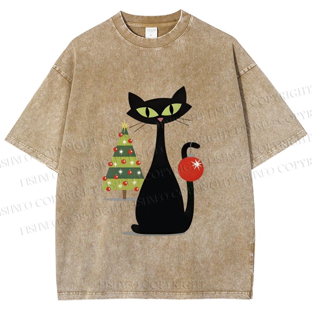 Unisex Black Cat In Christmas Printed Washed Tee
