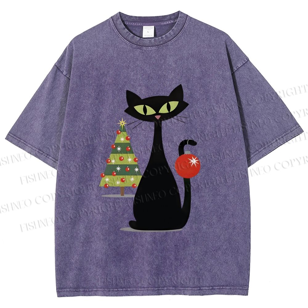 Unisex Black Cat In Christmas Printed Washed Tee