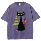 Unisex Black Cat In Christmas Printed Washed Tee
