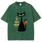 Unisex Black Cat In Christmas Printed Washed Tee