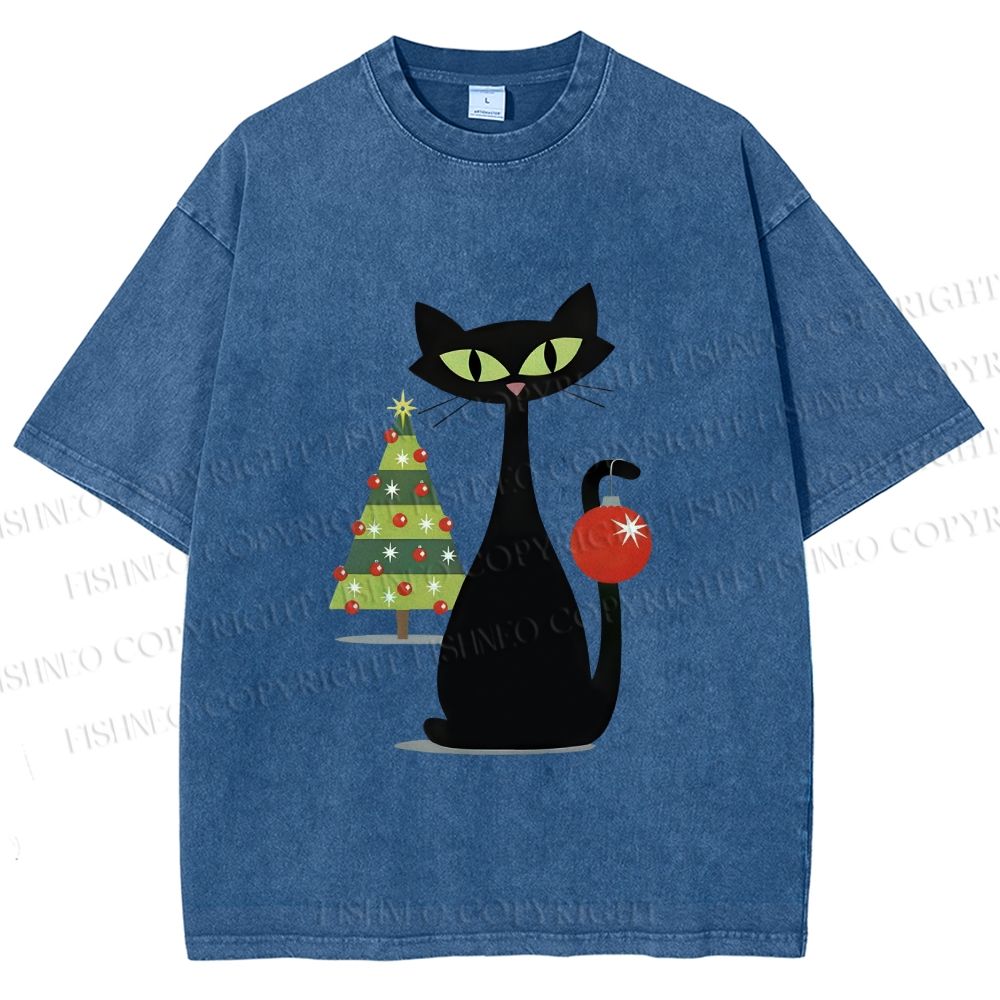 Unisex Black Cat In Christmas Printed Washed Tee