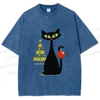 Unisex Black Cat In Christmas Printed Washed Tee