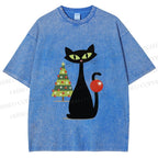 Unisex Black Cat In Christmas Printed Washed Tee