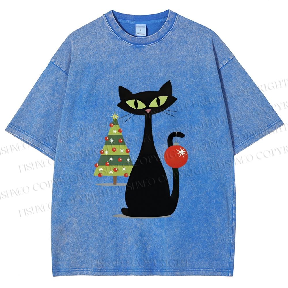 Unisex Black Cat In Christmas Printed Washed Tee
