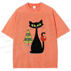 Unisex Black Cat In Christmas Printed Washed Tee