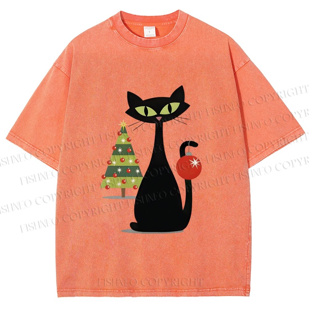 Unisex Black Cat In Christmas Printed Washed Tee