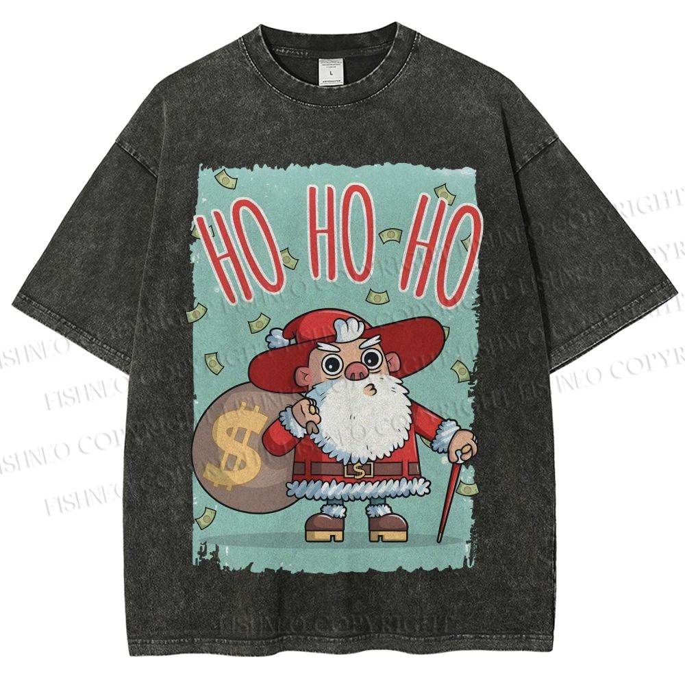 Unisex Santa Claus HO HO HO Christmas Printed Washed Tee