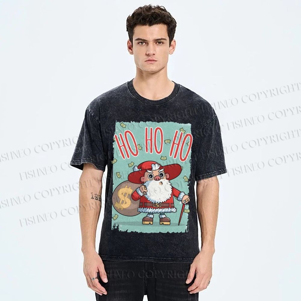 Unisex Santa Claus HO HO HO Christmas Printed Washed Tee