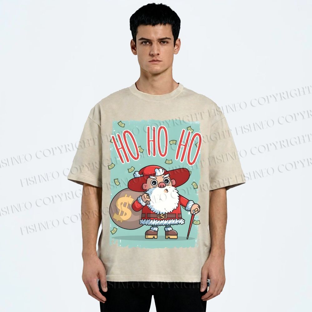 Unisex Santa Claus HO HO HO Christmas Printed Washed Tee