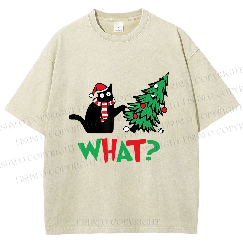 Unisex Bad Cat Push Over The Christmas Tree Printed Washed Tee