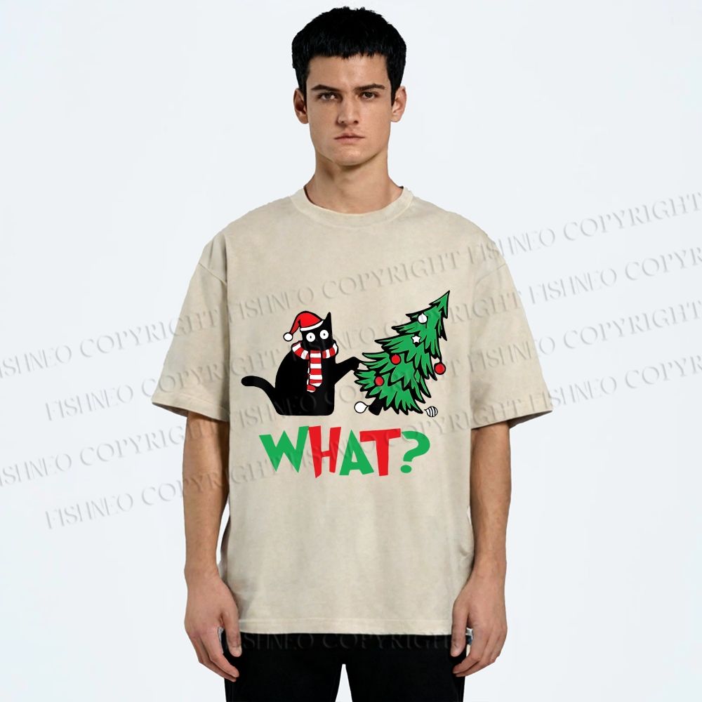 Unisex Bad Cat Push Over The Christmas Tree Printed Washed Tee