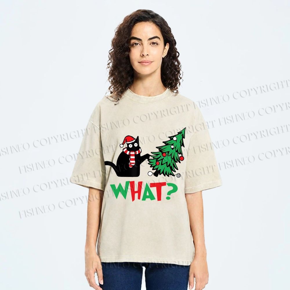 Unisex Bad Cat Push Over The Christmas Tree Printed Washed Tee