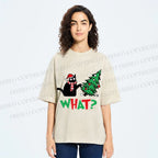 Unisex Bad Cat Push Over The Christmas Tree Printed Washed Tee