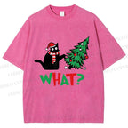 Unisex Bad Cat Push Over The Christmas Tree Printed Washed Tee
