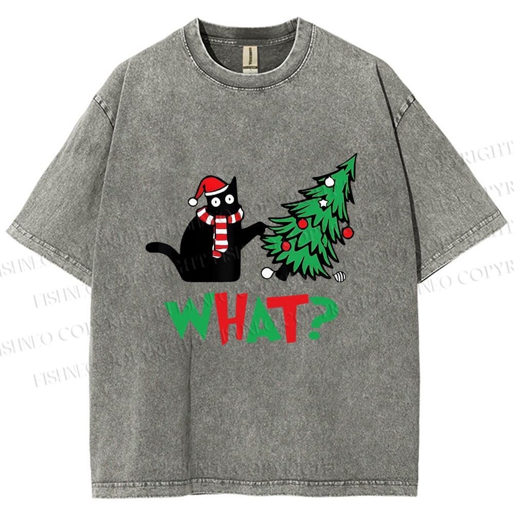 Unisex Bad Cat Push Over The Christmas Tree Printed Washed Tee