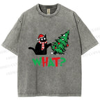 Unisex Bad Cat Push Over The Christmas Tree Printed Washed Tee