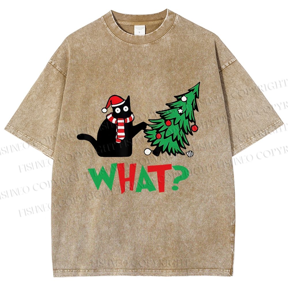 Unisex Bad Cat Push Over The Christmas Tree Printed Washed Tee