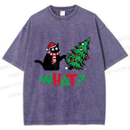 Unisex Bad Cat Push Over The Christmas Tree Printed Washed Tee