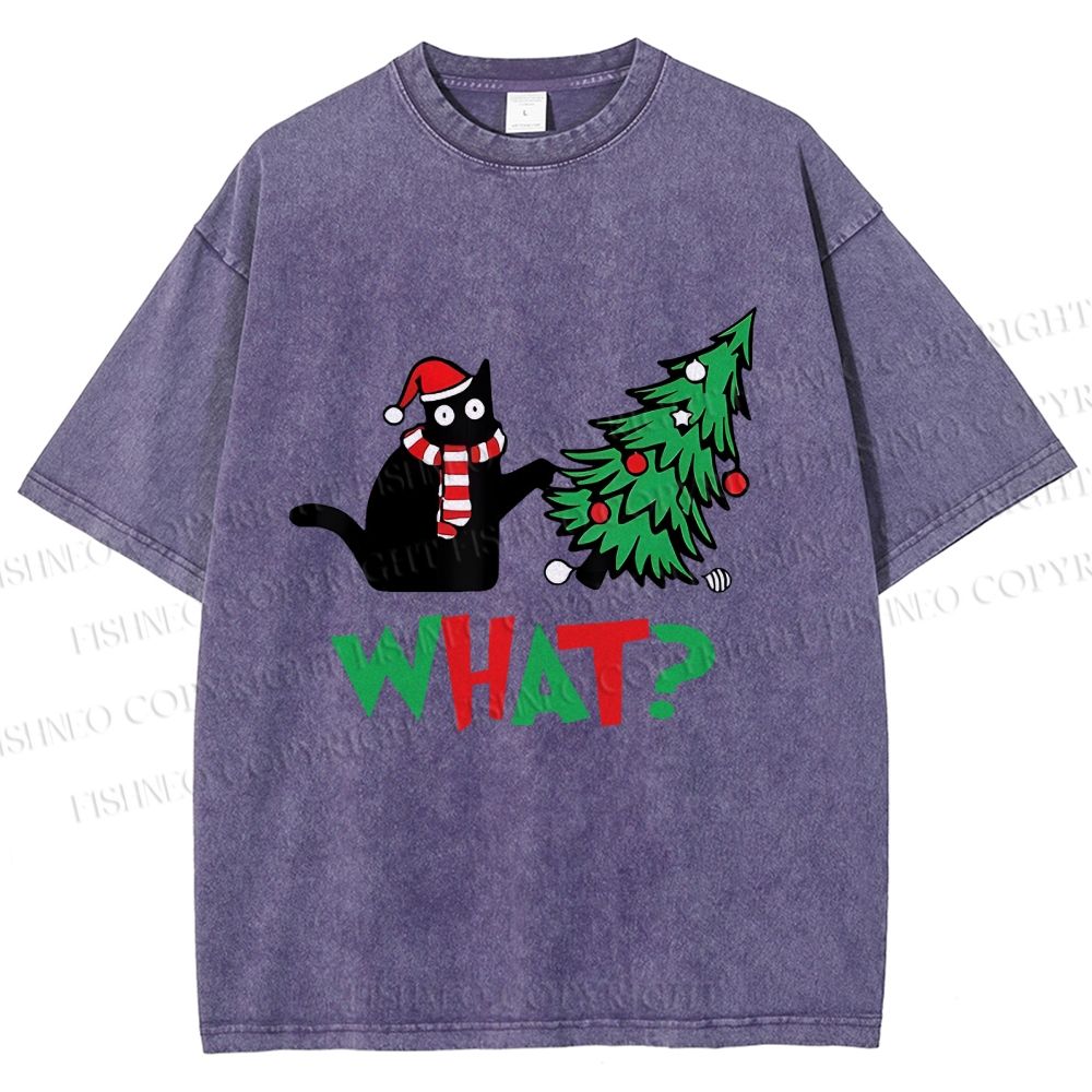 Unisex Bad Cat Push Over The Christmas Tree Printed Washed Tee