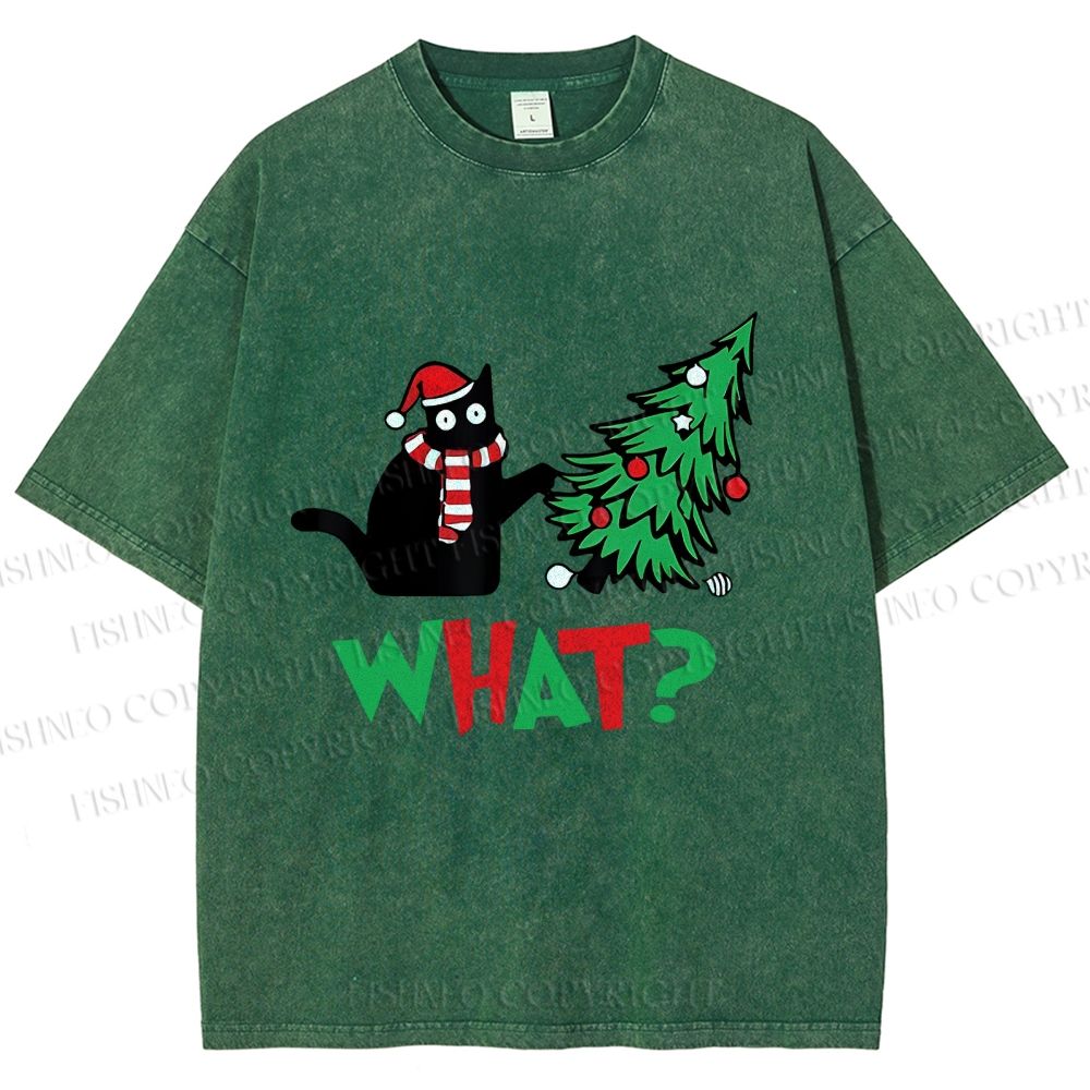 Unisex Bad Cat Push Over The Christmas Tree Printed Washed Tee