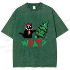Unisex Bad Cat Push Over The Christmas Tree Printed Washed Tee