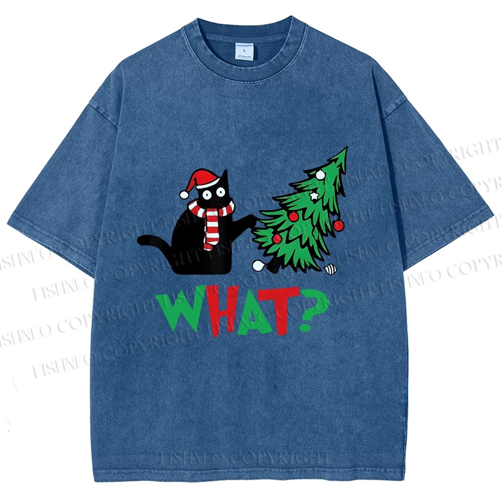Unisex Bad Cat Push Over The Christmas Tree Printed Washed Tee