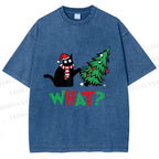 Unisex Bad Cat Push Over The Christmas Tree Printed Washed Tee