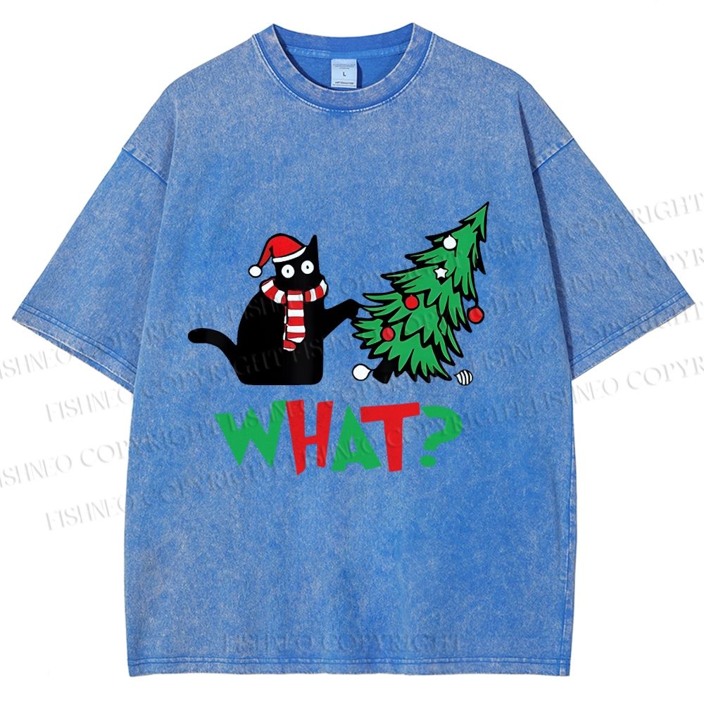 Unisex Bad Cat Push Over The Christmas Tree Printed Washed Tee