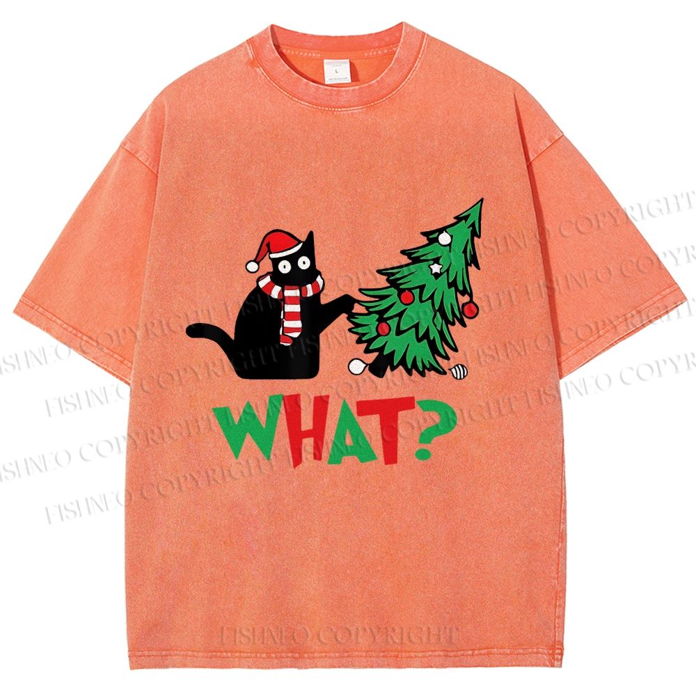 Unisex Bad Cat Push Over The Christmas Tree Printed Washed Tee